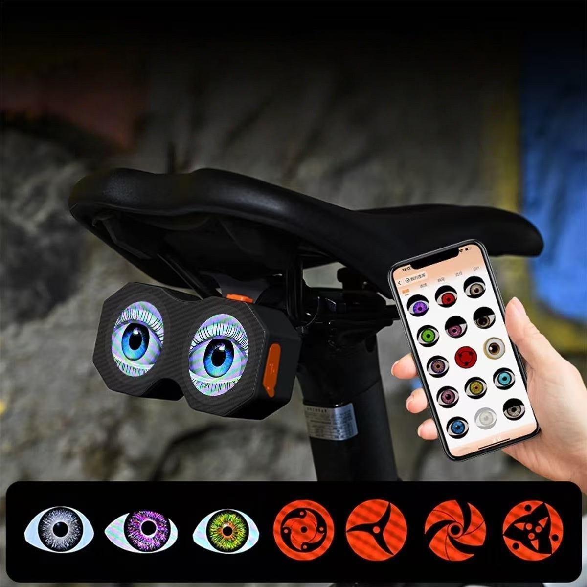 Dynamic Evil Eye Bicycle Tail Light | 82 Modes APP Control LED Laser Warning Light with USB Rechargeable Battery, IPX6 Waterproof for Mountain Road Bike Cycling Safety